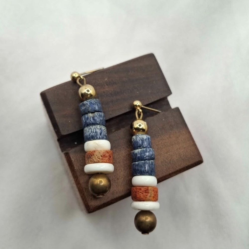 Vintage Red, White And Blue Coral And Shell Beaded Dangle Earrings
